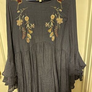 Umgee Blue Dress with Floral Embroidery